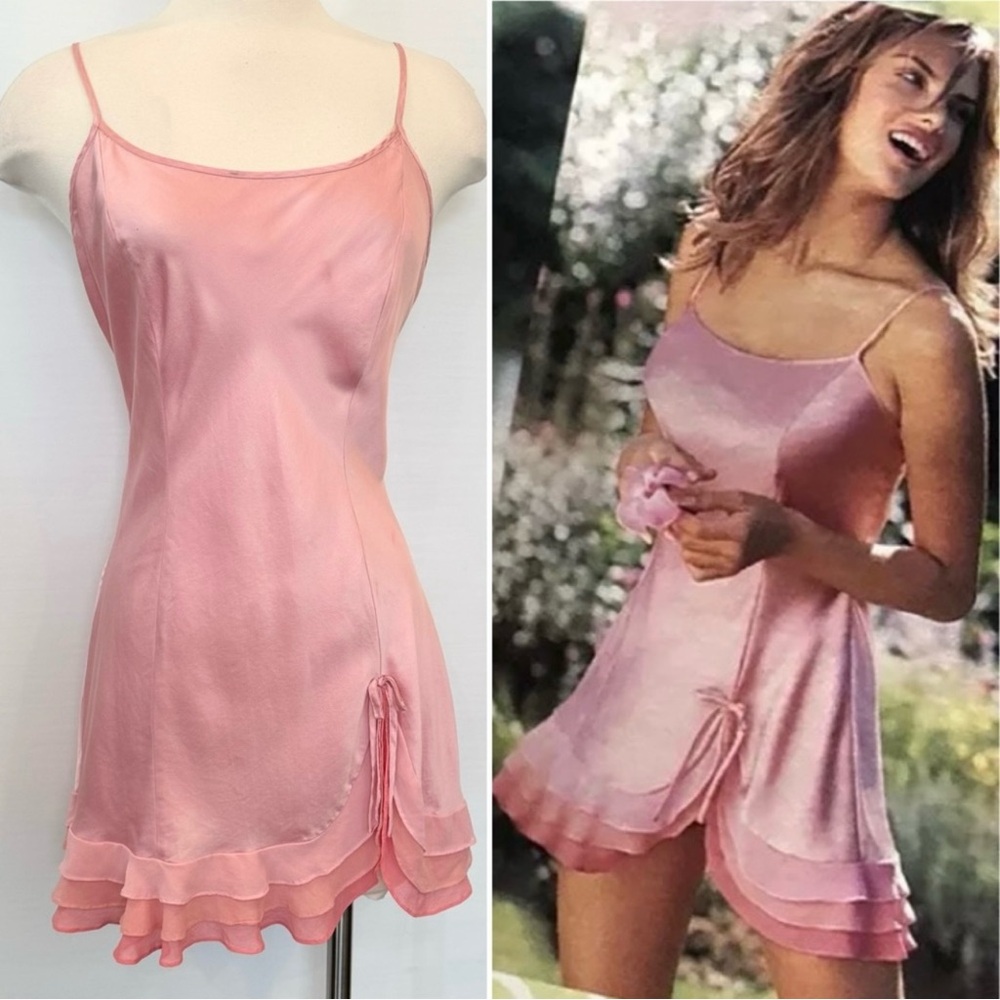 Y2K Victoria’s Secret Silk Pink Chiffon Ruffle Mermaid Babydoll Slip Dress M